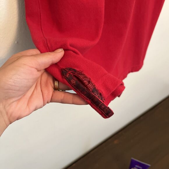 Bristol & Bull Contrast Silk Paisley Collared Pique Cotton Polo Shirt, Red- Med. - Picture 5 of 10